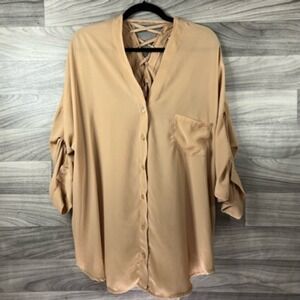 COC Womens Button Up Shirt Brown 3/4 Sleeve Roll Tab V Neck Caged‎ Back Plus 3XL